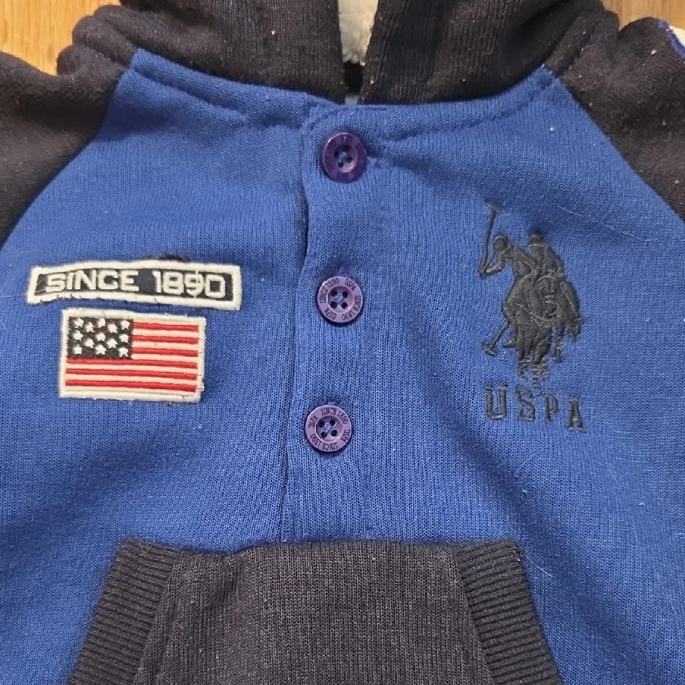 U.S. Polo Assn. Blue Kids One Piece Cotton Blend Warm Fleece Romper Snow Sz 6/9M